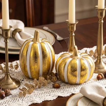 FESTGLOX 2Pcs Resin Pumpkin Figurines, Fall Thanksgiving Decor - color: Gold and White-2pcs