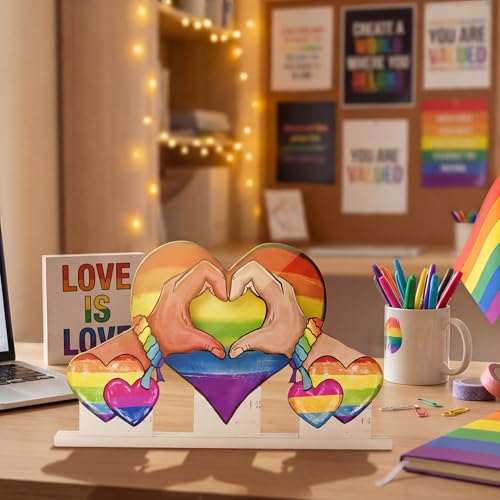 Smile Pride Month Wooden Tabletop Decor Rainbow Heart & Hand-Heart Desktop Plaques with Stands LGBTQ+ Indoor Home & Office Decor Gay Pride Gift Idea - style: Rainbow Heart
