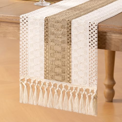 Boho Macrame Table Runner Jute Burlap Small Dresser Runner - color: Ivory and Brown, size: 12" × 48"