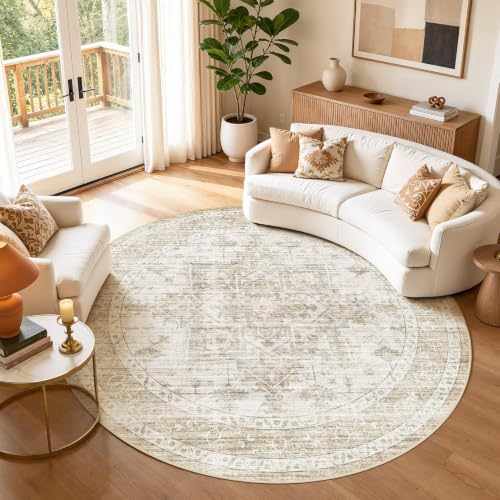 8ft Round Rugs for Living Room: 8x8 Washable Neutral Beige Area Rug - color: Beige, size: 8' (Round)