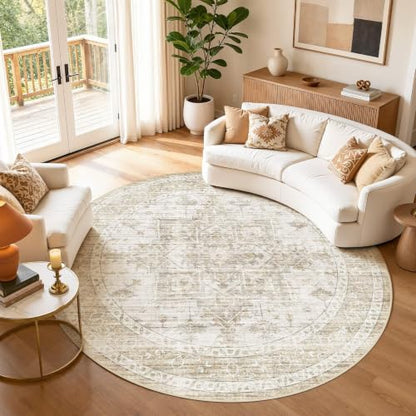8ft Round Rugs for Living Room: 8x8 Washable Neutral Beige Area Rug - color: Beige, size: 8' (Round)