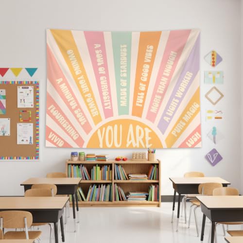 Zussun Boho Sunshine Inspirational Classroom Tapestry Backdrop 60 x 44 Inch - color: Orange Navy, size: 60"L x 44"W