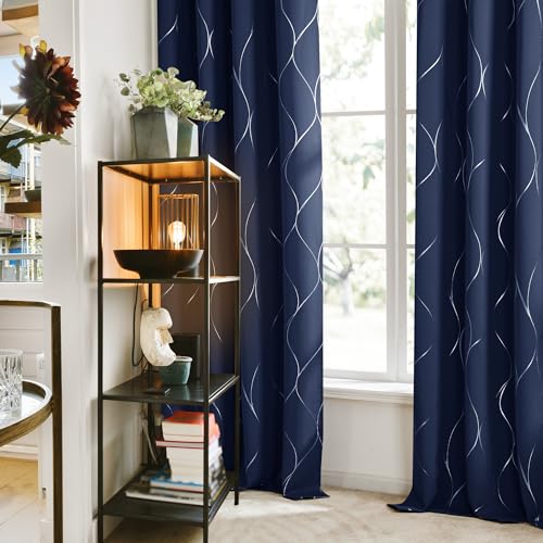 Deconovo Curtains for Living Room, Pattern Blackout Curtains 108 Inch Long - color: Silver Line-navy Blue, size: 52"W x 108"L (Pack of 2)
