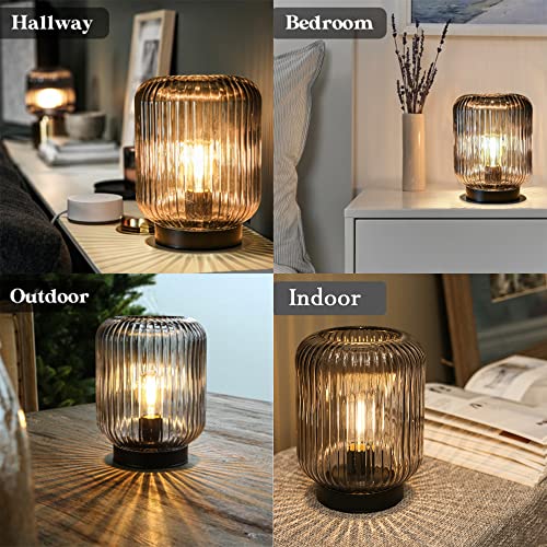 LUSHARBOR Battery Operated Lamp, Cordless Table Lamps for Home Decor, Battery Powered Nightlight with LED Bulb, Decorative Glass Beside Lamp for Bedroom Living Room-Grey - color: Ribbed-Charcoal