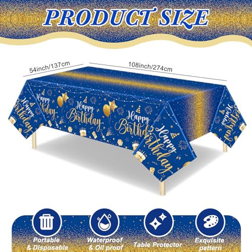 Tudomro 3 Pcs Plastic Happy Birthday Party Tablecloths,Blue Gold - color: Blue Gold