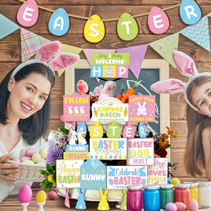 Amyhill 30 Pcs Easter Tiered Tray Decor Spring Easter Decorations Pastel Bunny Egg Farmhouse Wooden Signs Tiered Tray Decor for Home Kitchen Coffee Bar Table Shelf - style: Rustic Easter