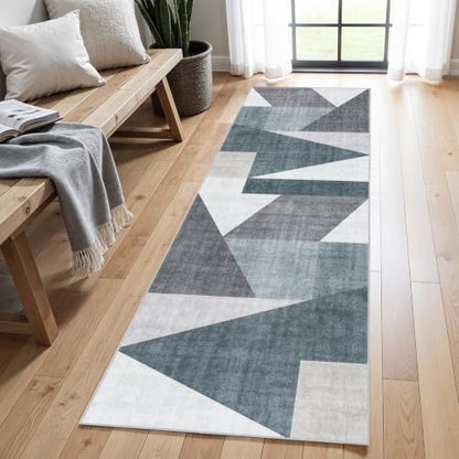 3x8 Washable Geometric Runner Rug - Non-Slip Backing Hallway Rugs Blue Grey - color: Blue/Grey, size: 3' x 8' (Rectangular)