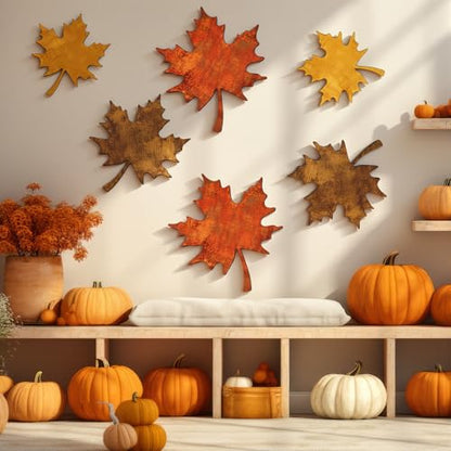 CroBlissful 6 Pcs Fall Maple Leaves Wall Decor Autumn Wooden Wall Art - size: 9.45 in, style: Solid