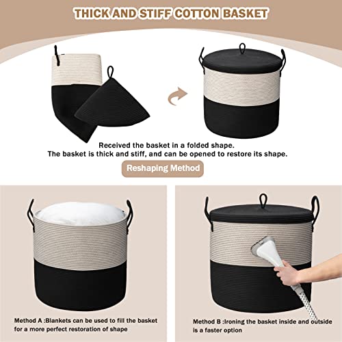 21" x 18"Extra Large storage baskets,Eco-friendly rope baskets with lid,blanket basket living room with lid,hampers for bedroom,big,round, Black 115L - color: White & Black