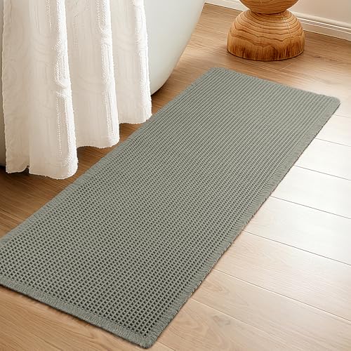 Luxury Waffle Bath Mat, Super Absorbent Non Slip Bathroom Rugs, Boho Ultra Soft Comfort Machine Washable Quick Dry Floor Mats with Tassels (Olive Green, 24" x 72") - color: Olive Green, size: 24" X 72"