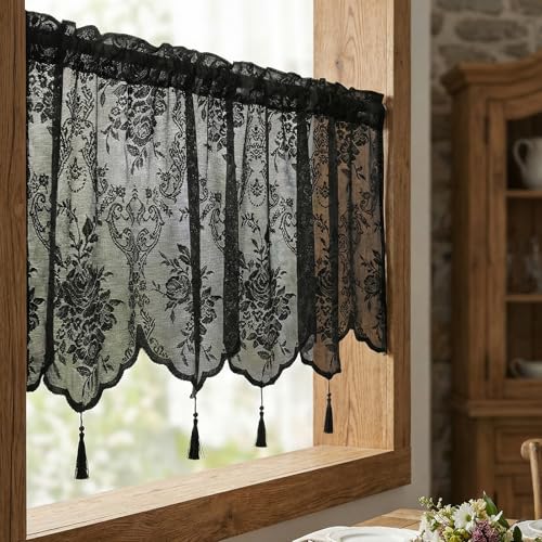 Molaxhome Homey Sheer Embroidered Flowers Vine Valance Window Treatment - color: A634black, size: 52"W x 18"L (Pack of 1)