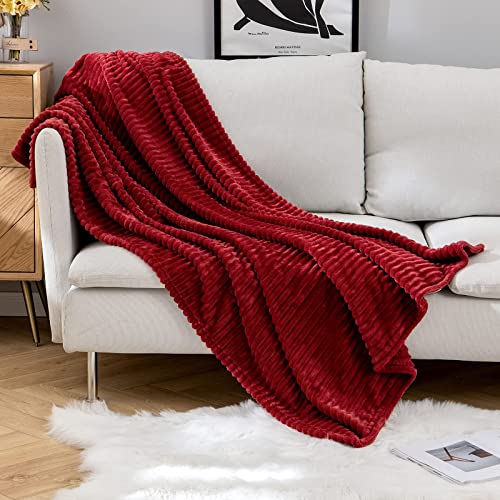 MIULEE Fleece Throw Blanket for Couch 300GSM Super Soft Lightweight Plush Striped, Burgundy Red Warm Cozy Breathable Ribbed Blanket for Bed/Sofa, Twin Size 60"x80" - color: Burgundy Red, size: 60"x80"