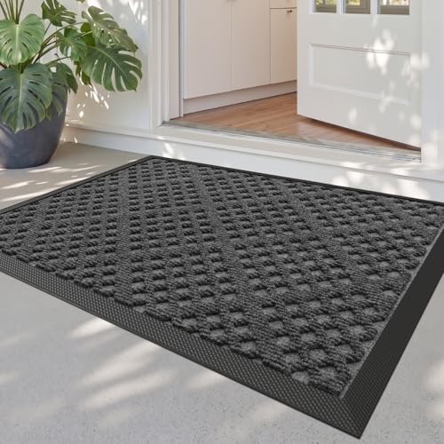 DEXI Front Door Mat Outside Entrance 24x36 Heavy Duty Rubber Entry Doormat | Rhombic Grey, Dirt Trapper, Non Slip Low Profile Floor Mats for Entryway Exterior Patio - color: Rhombic Grey, size: 24" X 36" (Rectangular)