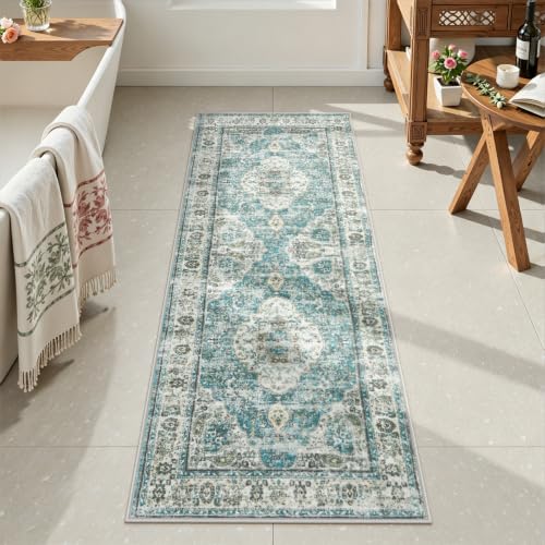 Uphome Bathroom Rugs Runner, Distressed Farmhouse Boho Blue Bath Mat, Non Slip Washable Long Bath Rugs, Vintage Traditonal Soft Velvet Bathroom Runner for Bathtub Sink Shower, 20x60 inch - color: Blue, size: 20 x 60 inch (Rectangular)