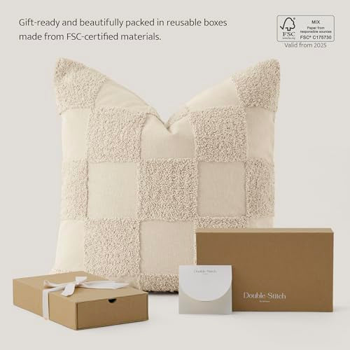 Double Stitch 100% Cotton Tufted Boho Checkered Throw Pillow Covers, Beige - color: Beige, size: 20" x 20" (Pack of 1)