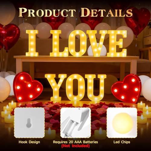 I Love You Light Up Letters Sign, with 30 Tea Lights Candles, Rose Petals, Round Pearlescent Balloon, Aluminum Balloons, Romantic Valentine's Day Wedding Engagement Birthday Party Decoration - color: I LOVE YOU