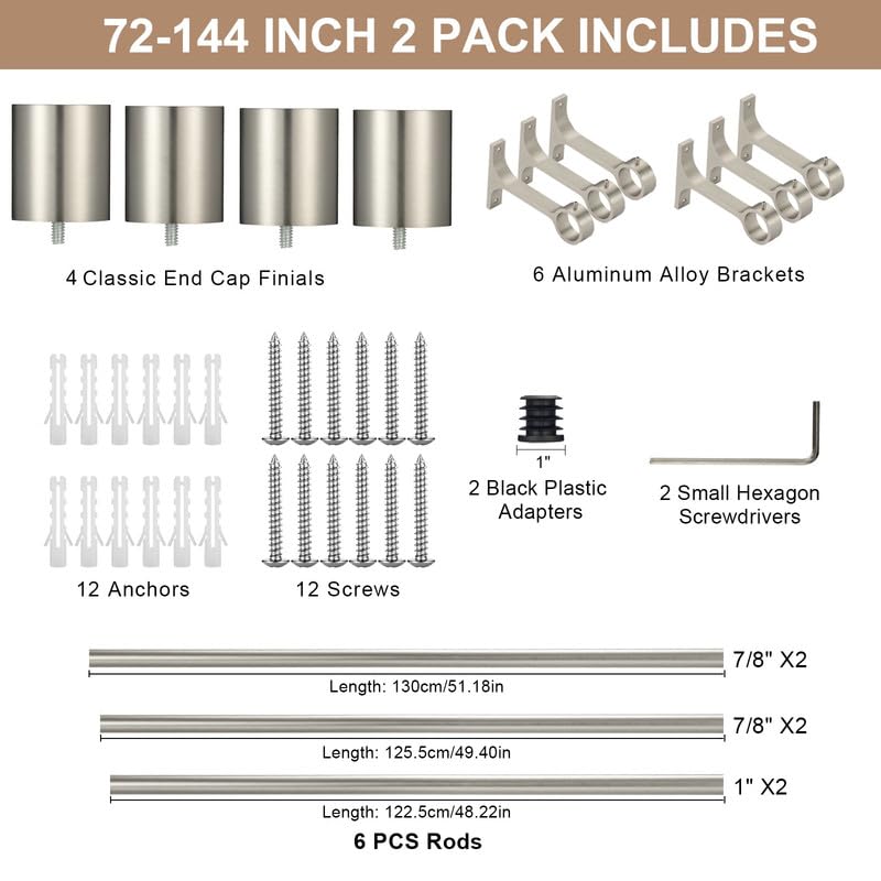 2 Pack Curtain Rods 72 to 144 Inch, Adjustable Window Treatment Rods, 1-Inch Telescoping Drapery Rods with Cap Finials, Brushed Nickel - color: Brushed Nickel 2 Pack, size: 72-144"