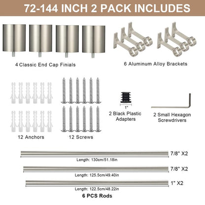 2 Pack Curtain Rods 72 to 144 Inch, Adjustable Window Treatment Rods, 1-Inch Telescoping Drapery Rods with Cap Finials, Brushed Nickel - color: Brushed Nickel 2 Pack, size: 72-144"