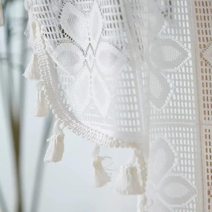 Boho Crochet Swag Curtain Valances with Tassels for Kitchen Windows, Rustic Floral Lace Macrame Curtain Toppers Semi Sheer Window Treatments for Living Room, Bathroom,Half Window, White - color: White