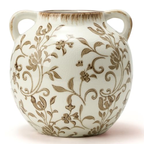 Brown Vintage Antique Vase, 5.6 Inch All Seasons Chinoiserie Floral Vase, Rustic Ceramic Vase for Home Decor, Living Room, Bookshelf, Office, Entryway, Garden, Chinoiserie Decor, Tuscan Decor - color: Brown Chinoiserie Floral- 5.6"