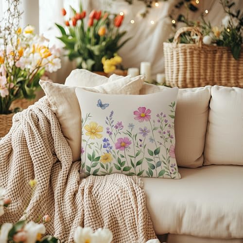 AACORS Spring Pillow Cover 16X16 Set of 2,Flower Butterfly Decorations Farmhouse Seasonal Summer Pillow Case Decor for Sofa Couch AA056-16-2 - size: 16" x 16" (Pack of 2)