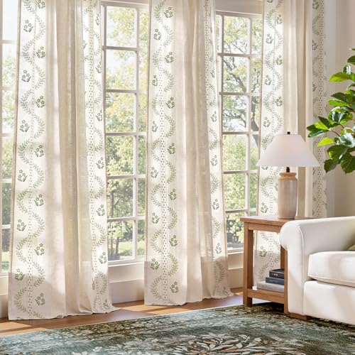 jinchan Floral Linen Curtains 108 Inch Farmhouse Back Tab 2 Panels - color: Sage, size: 50"W x 108"L (Pack of 2)