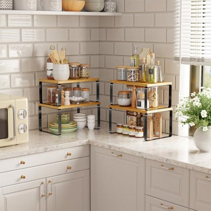 Simple Trending Bamboo Cabinet Organizer Shelf, Set of 2 Kitchen Counter Shelves, Stackable Expandable Spice Rack Kitchen Storage, Black and Natural Beige - size: Set of 2 Shelves