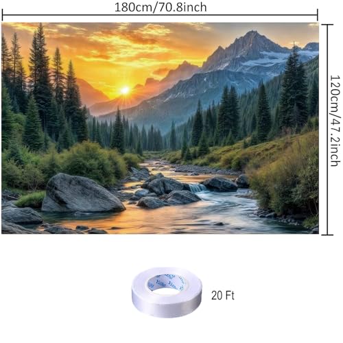 Mountain River Sunset Backdrop Nature Landscape Photography Background Cloth, Scenic Outdoor Forest Wall Hanging Tapestry for Photo Studio, Party Décor 70.8 x 47.2 Inch - size: 70.8 x 47.2 Inch