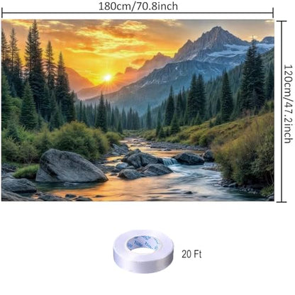Mountain River Sunset Backdrop Nature Landscape Photography Background Cloth, Scenic Outdoor Forest Wall Hanging Tapestry for Photo Studio, Party Décor 70.8 x 47.2 Inch - size: 70.8 x 47.2 Inch