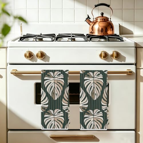 2 Pcs Tropical Palm Leaf Kitchen Towels, Green Stripe Decorative Dish Towel - color: Multi 1396