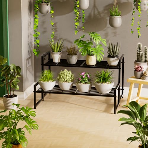 Garden 4 you 2 Tier Metal Stackable Plant Stand, Flower Pot Holder - color: Black, size: 27.5"L x 9.6"W x 16"H