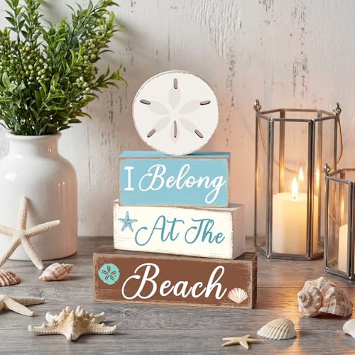 GlikCeil 4 Pcs Beach Coastal Tiered Tray Decor Summer Sand Dollars Wooden Table Centerpieces Blocks Wooden Ocean Blocks Decorations Table Top Sign Decor for Farmhouse, Beach House, Tables Centerpiece - style: Coastal