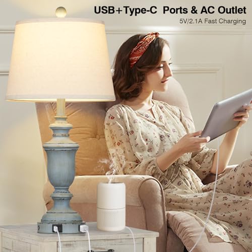 Cinkeda 25.6" Blue Table Lamps Set of 2 with USB C+A Ports & AC Outlet for Coastal Living Room Bedroom,3-Way Dimmable Farmhouse Touch Lamp Bedside Lamps for Nightstand,Retro Blue - color: Coastal