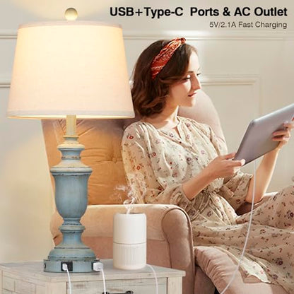 Cinkeda 25.6" Blue Table Lamps Set of 2 with USB C+A Ports & AC Outlet for Coastal Living Room Bedroom,3-Way Dimmable Farmhouse Touch Lamp Bedside Lamps for Nightstand,Retro Blue - color: Coastal