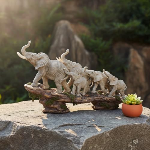 Comfy Hour 14 Inch Elephant Statue, African Family Figurine - color: Gray Elephants With Weathered Cliff Base