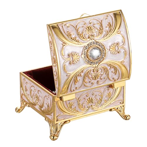 Small Jewelry Box Treasure Box Vinatge Enamel Trinket Organzier Hand Painted Jewelry Chest Case Golded Metal Jewelry Keepsake Box for Earrings Rings Gift for Christmas Wedding,Beige - style: Treasure Chest Style