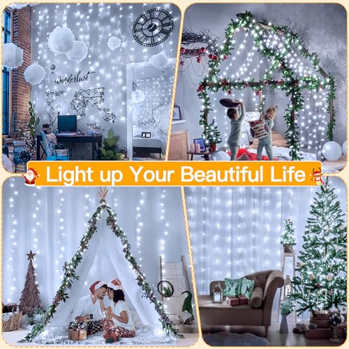 Ollny 300 LED 9.8ftx9.8ft Outdoor Waterproof Christmas Curtain Lights with Remote Timer 8 Modes, USB Powered, Cool White - color: Cool White, size: 300 LED
