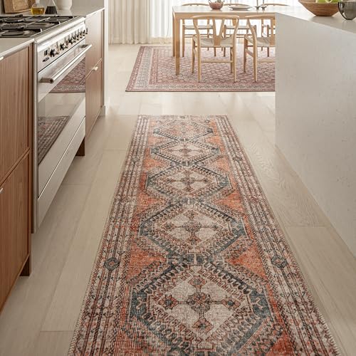 Knot Tangelo 3' x 12' Orange & Blue Runner Rug - Persian-Inspired Design - size: 3' x 12' (Rectangular)