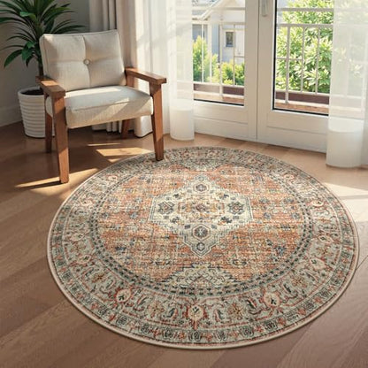 Lahome Oriental Washable Round Rugs, Non-Slip Round Rug 4ft Ultra-Thin - color: Terracotta, size: 4'(Round)
