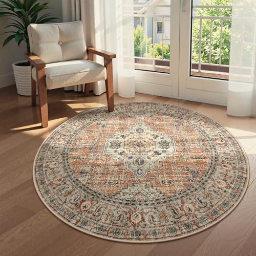 Lahome Oriental Washable Round Rugs, Non-Slip Round Rug 4ft Ultra-Thin - color: Terracotta, size: 4'(Round)
