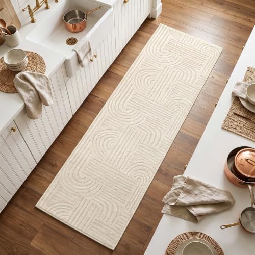 Etwel 2x8 Beige Modern Geometric Textured High-Low Pile Washable Runner Rug - color: Neutral Beige, size: 2' x 8'