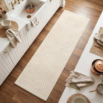 Etwel 2x8 Beige Modern Geometric Textured High-Low Pile Washable Runner Rug - color: Neutral Beige, size: 2' x 8'