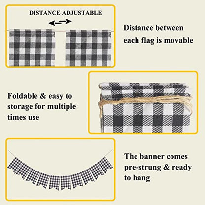 Buffalo Check Plaid Banner for Christmas Mantel Decorations | Black and White Gingham Bunting Garland, Autumn Baby Shower Birthday Party Supplies