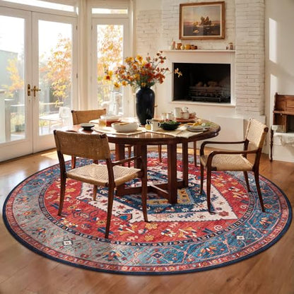 SERISSA 5ft Washable Non Slip Round Round Boho Area Rug for Bedroom，Rust - color: Rust/Multi, size: 5' (Round)