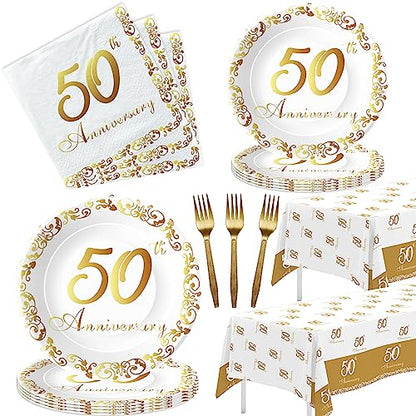 APOWBLS 50th Anniversary Decorations And Supplies Tableware Gold, Serves 24