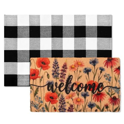 2-Piece Layered Welcome Mat Set - Coir Doormat & Buffalo Plaid Rug - color: Spring Floral 1