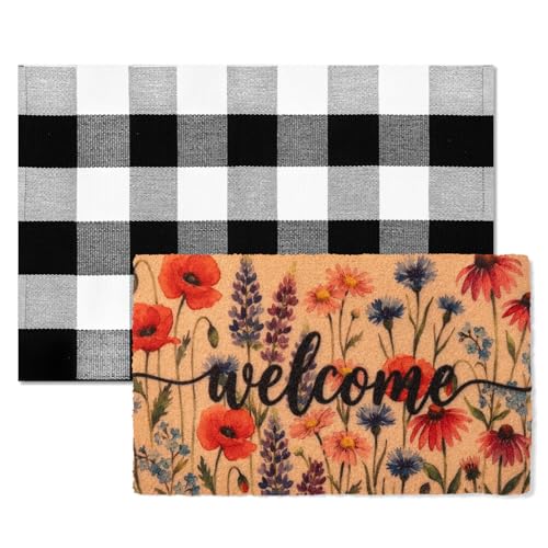 2-Piece Layered Welcome Mat Set - Coir Doormat & Buffalo Plaid Rug - color: Spring Floral 1