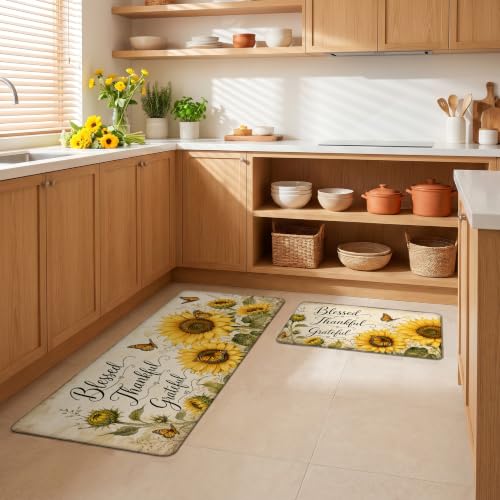 Kitchen Rugs for Floor 2 Pcs Memory Foam Padded Anti Fatigue Kitchen Mat - color: Sunflower