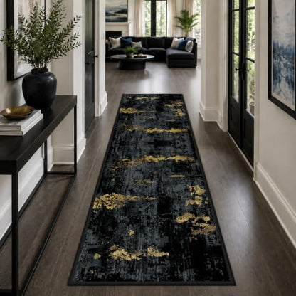 RELEANY Washable Runner 2'x8' Abstract Area Rug for Hallway Black Gold - color: Black/Gold, size: 2' x 8' (Runner)