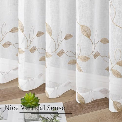 Tollpiz Taupe Leaf Sheer Tier Curtains Kitchen 30 x 24 Inches - color: Taupe, size: 30"W x 24"L (Pack of 2)